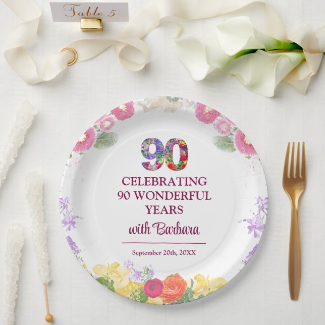 Elegant Floral 90th Birthday Party / 90 Years Paper Plates (Wedding)