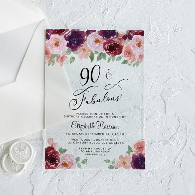 Elegant Floral 90th Birthday Party Acrylic Invitations (Creator Uploaded)