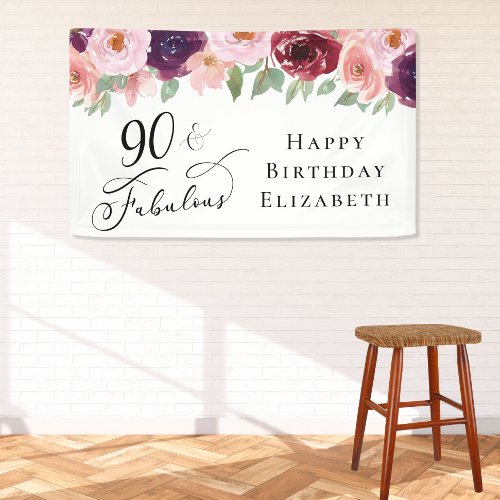 Elegant Floral 90th Birthday Party Banner
