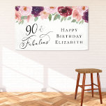 Elegant Floral 90th Birthday Party Banner<br><div class="desc">Elegant banner and welcome sign for her 90th birthday party with "90 & Fabulous" in a calligraphy script and watercolor bouquets of burgundy red,  blush pink and purple florals with light sage greenery.</div>