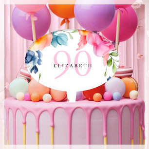 Elegant Floral 90th Birthday Party  Cake Topper