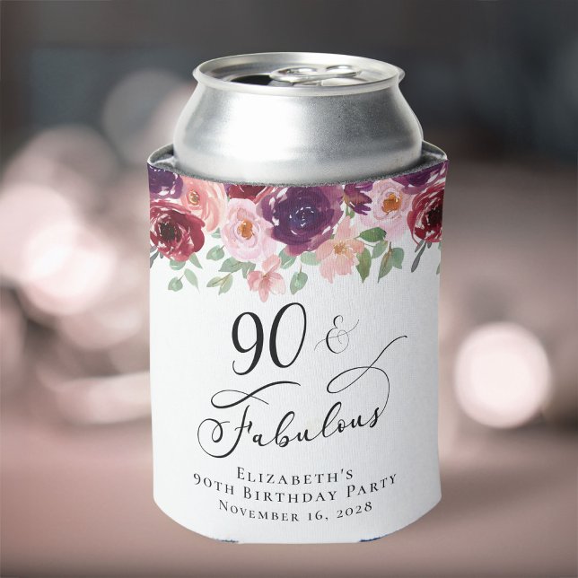 Elegant Floral 90th Birthday Party Can Cooler (Creator Uploaded)