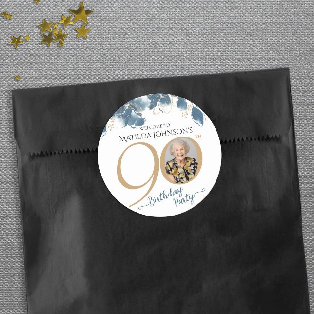 Elegant Floral 90th Birthday Party Favor Classic Round Sticker (Elegant Floral 90th Birthday Party Favor Classic Round Sticker)