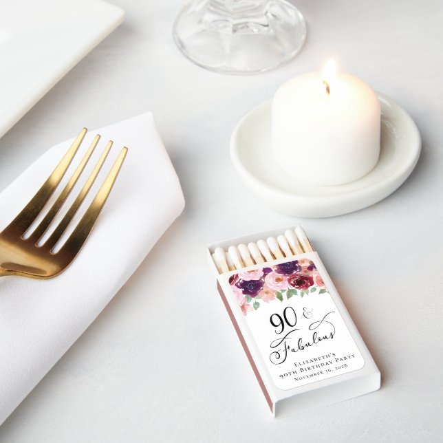 Elegant Floral 90th Birthday Party Favor Matchboxes (Insitu)