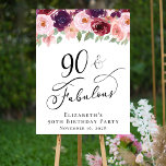 Elegant Floral 90th Birthday Party Foam Board<br><div class="desc">Elegant welcome sign and photo prop for her 90th birthday party that features "90 & Fabulous" in a stylish script and watercolor bouquets of burgundy red,  blush pink and purple florals with light sage greenery.</div>