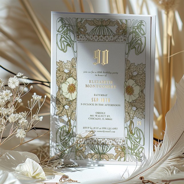 Elegant Floral 90th Birthday Party Foil Accents Foil Invitation (Creator Uploaded)