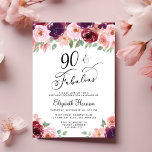 Elegant Floral 90th Birthday Party Invitation<br><div class="desc">Elegant 90th birthday party invitation featuring "90 & Fabulous" in a stylish script and watercolor bouquets of burgundy red,  pink and purple florals.</div>