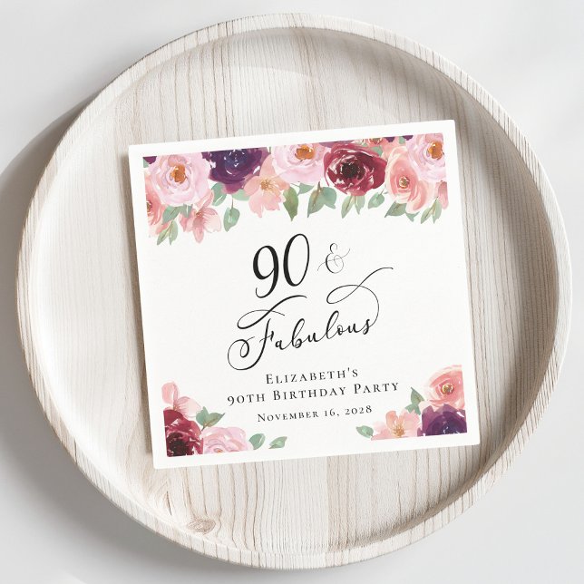 Elegant Floral 90th Birthday Party Napkins (Creator Uploaded)