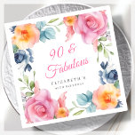 Elegant Floral 90th Birthday Party  Napkins<br><div class="desc">Make your 90th birthday party a fabulous event to remember with these beautiful watercolor floral napkins! Featuring a stunning spring floral border design and elegant pink calligraphy lettering, these napkins are perfect for adding a touch of sophistication to your celebration. The clean white background ensures that the colorful floral design...</div>