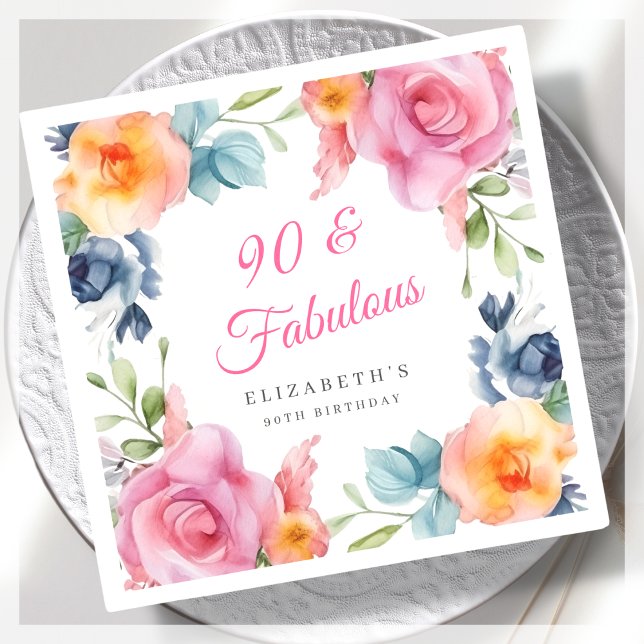 Elegant Floral 90th Birthday Party  Napkins (Creator Uploaded)