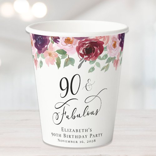 Elegant Floral 90th Birthday Party Paper Cups