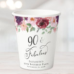 Elegant Floral 90th Birthday Party Paper Cups<br><div class="desc">Elegant paper cups for her 90th birthday party with "90 & Fabulous" in a calligraphy script and watercolor bouquets of burgundy red,  blush pink and purple florals with sage greenery.</div>