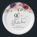 Elegant Floral 90th Birthday Party Paper Plates<br><div class="desc">Elegant paper plates for her 90th birthday party with "90 & Fabulous" in a calligraphy script and watercolor bouquets of burgundy red,  blush pink and purple florals.</div>
