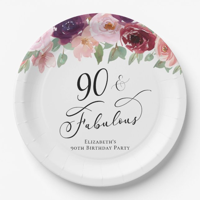 Elegant Floral 90th Birthday Party Paper Plates (Front)