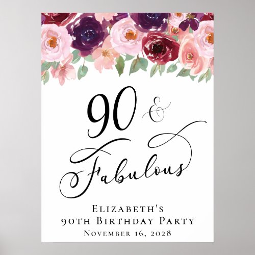 Elegant Floral 90th Birthday Party Poster