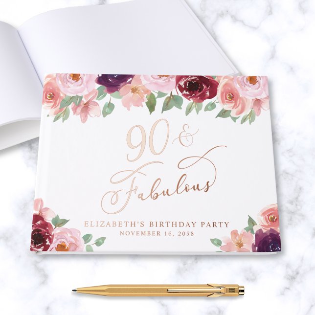 Elegant Floral 90th Birthday Party Rose Gold Foil Guest Book (Creator Uploaded)