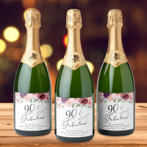 Elegant Floral 90th Birthday Party Sparkling Wine Label