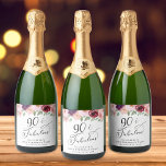 Elegant Floral 90th Birthday Party Sparkling Wine Label<br><div class="desc">Elegant wine labels for her 90th birthday party with "90 & Fabulous" in a chic calligraphy script and watercolor bouquets of burgundy red and blush pink florals with light sage greenery.</div>