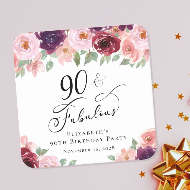 Elegant Floral 90th Birthday Party Square Paper Coaster (Creator Uploaded)