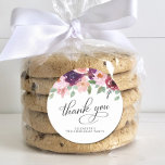 Elegant Floral 90th Birthday Party Thank You Classic Round Sticker<br><div class="desc">Elegant and chic personalized thank you stickers for your 90th birthday party favors and thank you cards featuring "thank you" in a chic calligraphy script and watercolor bouquets of burgundy red and blush pink florals with sage greenery. Personalize with your name.</div>