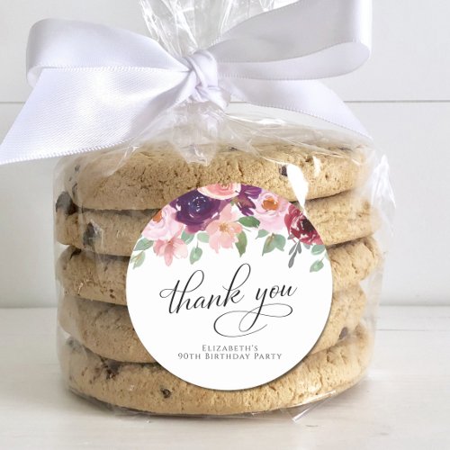 Elegant Floral 90th Birthday Party Thank You Classic Round Sticker