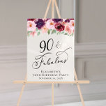 Elegant Floral 90th Birthday Party Welcome Acrylic Sign<br><div class="desc">Elegant white acrylic welcome sign and photo prop for her 90th birthday party featuring "90 & Fabulous" in a stylish script and watercolor bouquets of burgundy red,  blush pink and purple florals with light sage greenery.</div>