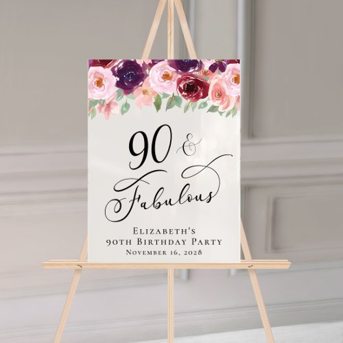 Elegant Floral 90th Birthday Party Welcome Acrylic Sign