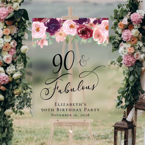 Elegant Floral 90th Birthday Party Welcome Clear Acrylic Sign