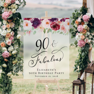Elegant Floral 90th Birthday Party Welcome Frosted Acrylic Sign