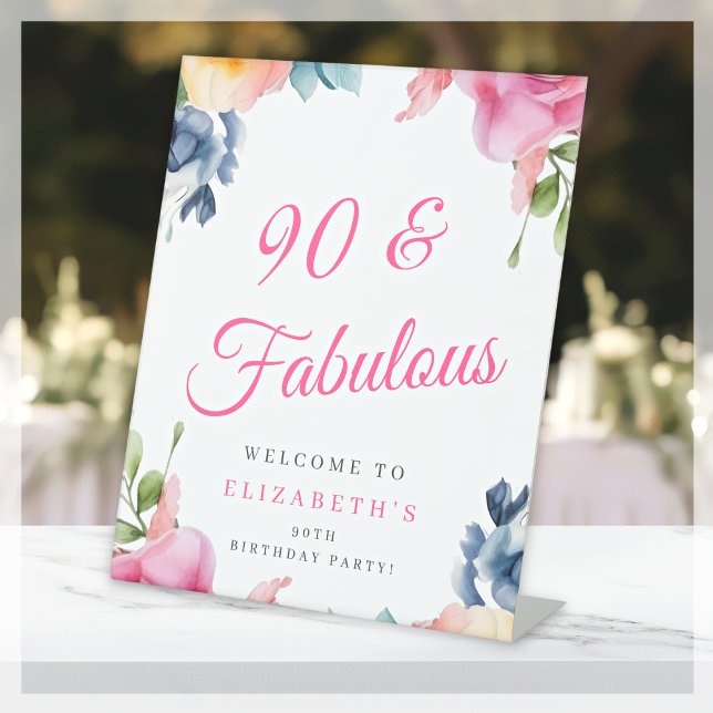 Elegant Floral 90th Birthday Party Welcome Pedestal Sign (Creator Uploaded)