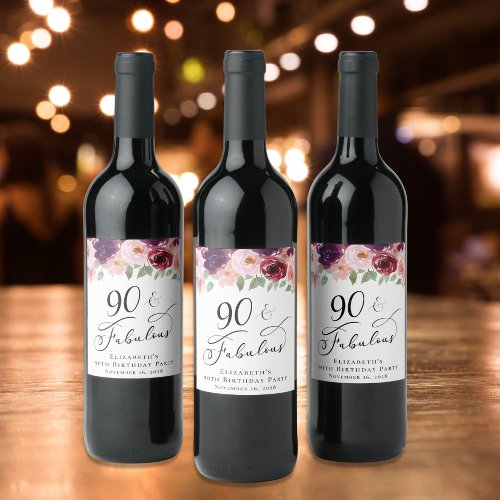 Elegant Floral 90th Birthday Party Wine Label
