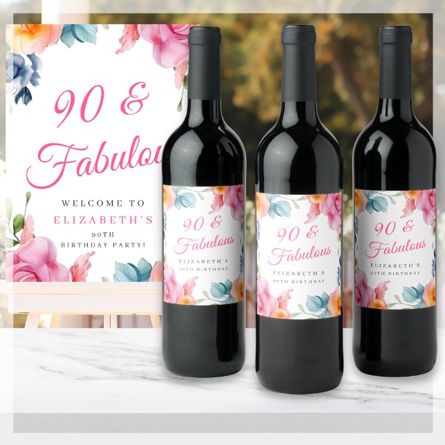 Elegant Floral 90th Birthday Party  Wine Label (Creator Uploaded)