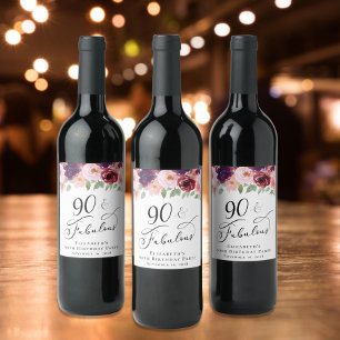 Elegant Floral 90th Birthday Party Wine Label
