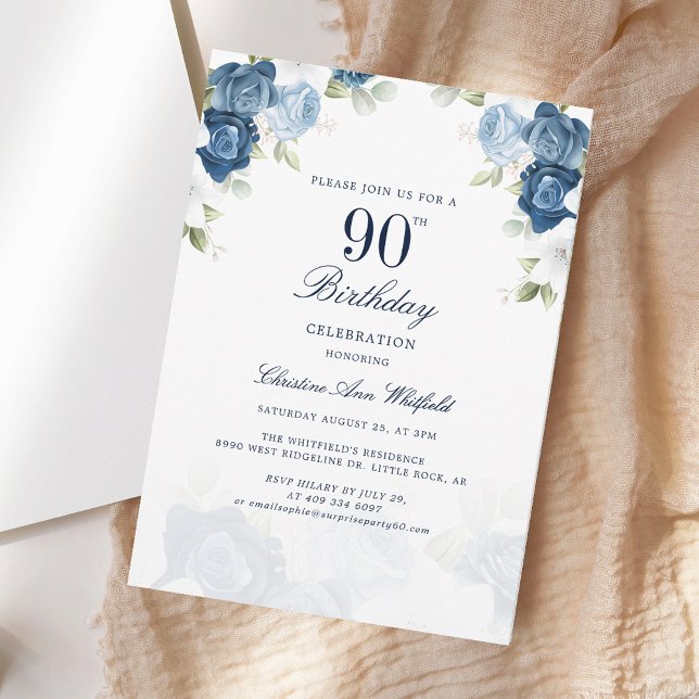 Elegant Floral 90th Birthday Script Invitation (Elegant Floral 90th Birthday Script Invitation)