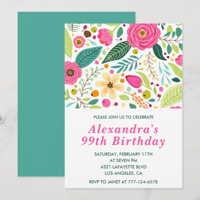Elegant Floral 99th birthday invitations Colorful  (Front/Back)
