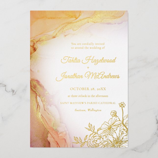 Elegant Floral Abstract Wedding Gold Foil Invitation (Front)