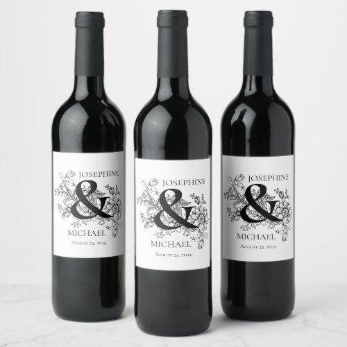 Elegant Floral Ampersand Couples Names  Wine Label