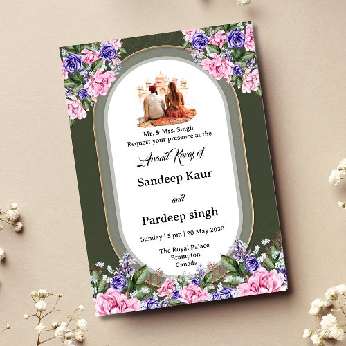 Elegant floral Anand Karaj invitation card