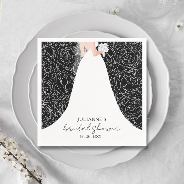 Elegant Floral and Bride on Black Bridal Shower Napkins (Elegant bride in her gown on a background of sketched roses on black bridal shower napkins)