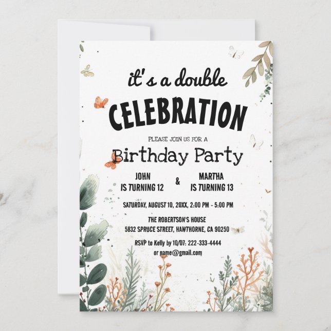 Elegant Floral and Butterfly Double Birthday Party Invitation (Front)