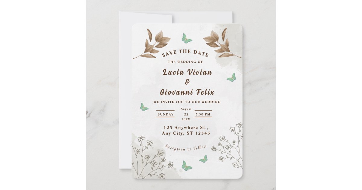 Elegant floral and butterfly wedding invitation Zazzle