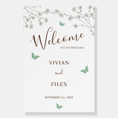 Elegant floral and Butterfly Wedding welcome sign