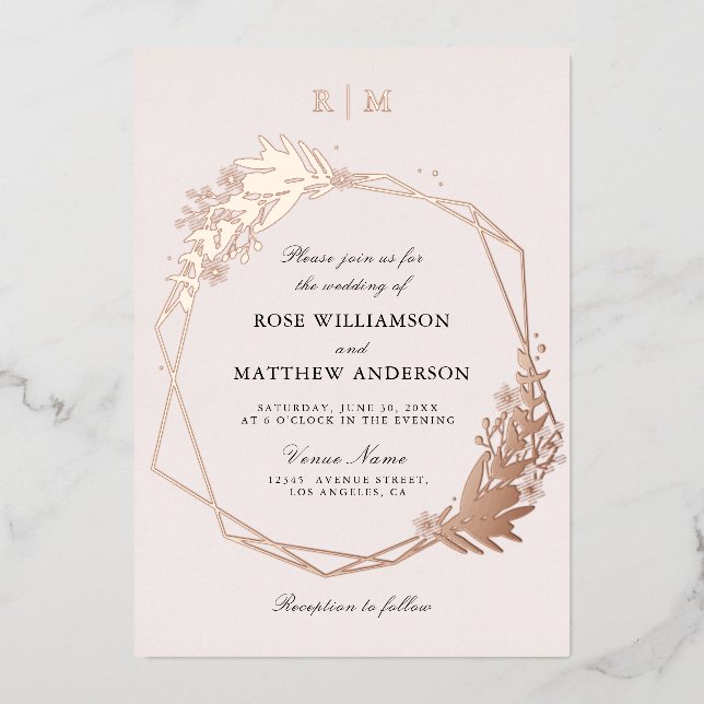 elegant floral and calligraphy rose gold  foil invitation (Front)