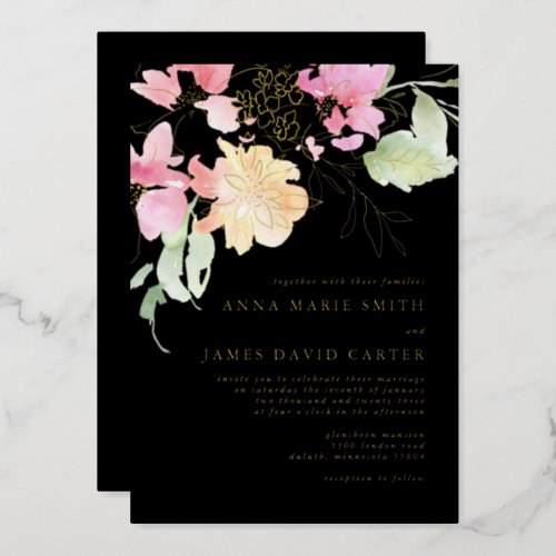 Elegant Floral and Foil Black Wedding Invitation Foil Invitation