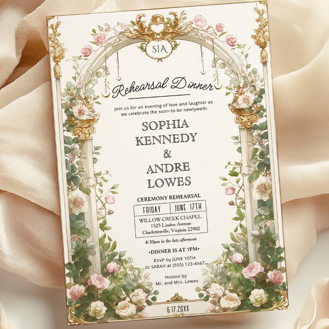 Elegant Floral and Gold Arch Rehearsal Dinner Invitation (Creator Uploaded)