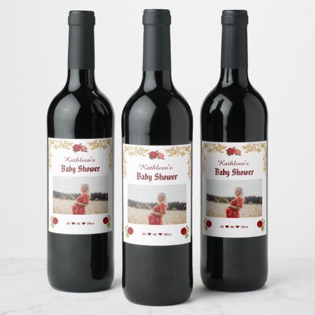 Elegant Floral and gold Baby Shower Wine Label (Bottles)