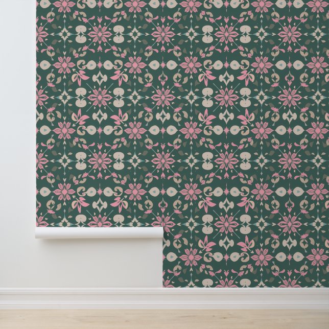 Elegant Floral and Leaf Motif Pattern Wallpaper (Application)
