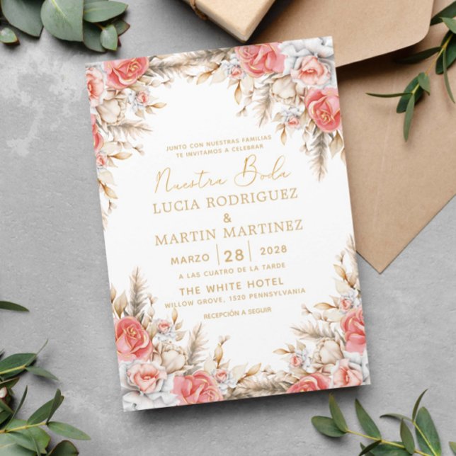 Elegant Floral and leaf Spanish Nuestra Boda Invitation (Creator Uploaded)