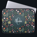 Elegant Floral and Modern Monogram Botanical Laptop Sleeve<br><div class="desc">This elegant and modern floral laptop sleeve design features cute orange,  green and blue flowers,  with green botanical plants and a navy blue background,  and has space for you to add a name and initial in a hand-written font. The perfect chic colorful monogram gift for any flower lover.</div>