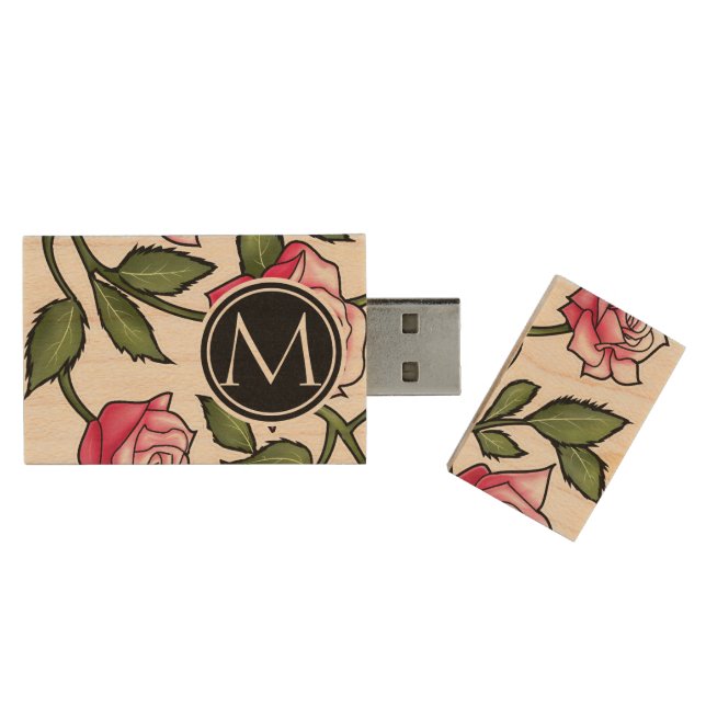 Elegant Floral and Monogram Wood USB Flash Drive (Opened)